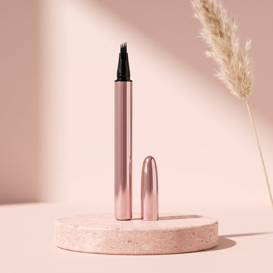 Featherline 4-tip brow pen in rose gold standing next to its cap