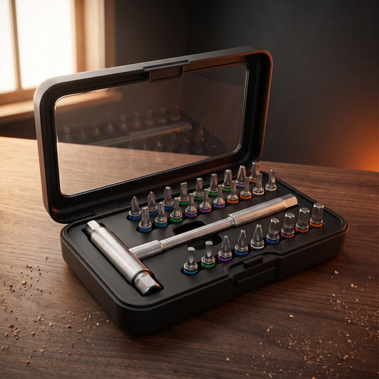 FixKit Pro open case with ratcheting T-handle and 24 colour-coded bits