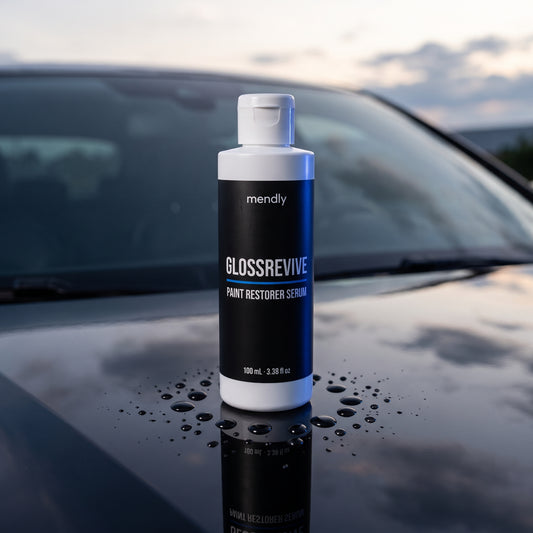 GlossRevive paint restorer serum bottle on a glossy black car hood