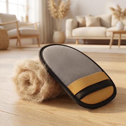 Furlift pet hair remover glove next to a clump of dog fur on a wooden floor