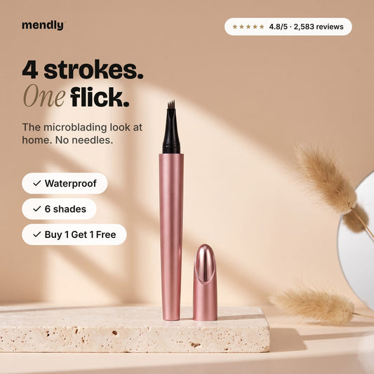 Featherline microblading eyebrow pen standing beside its cap, with the headline 4 strokes, one flick